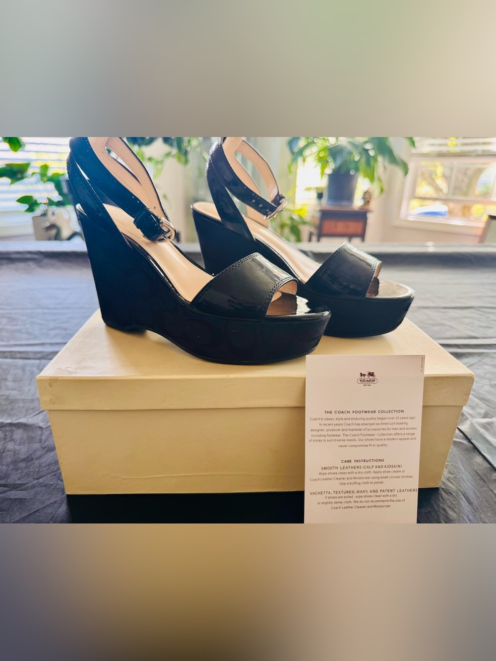 Coach Black Patent Leather Platform Wedge Sandals